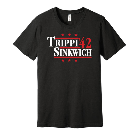 Georgia Bulldogs retro political campaign parody black t-shirt featuring Charley Trippi and Frank Sinkwich '42, designed in a vintage election style by Hyper Than Hype Shirts.