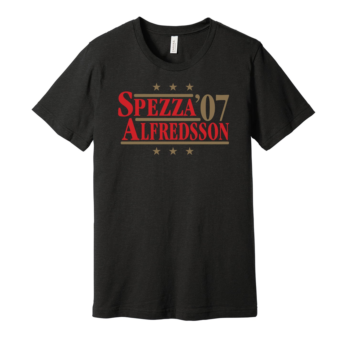 Ottawa Senators retro political campaign parody black t-shirt featuring Jason Spezza and Daniel Alfredsson '07, designed in a vintage election style by Hyper Than Hype Shirts.