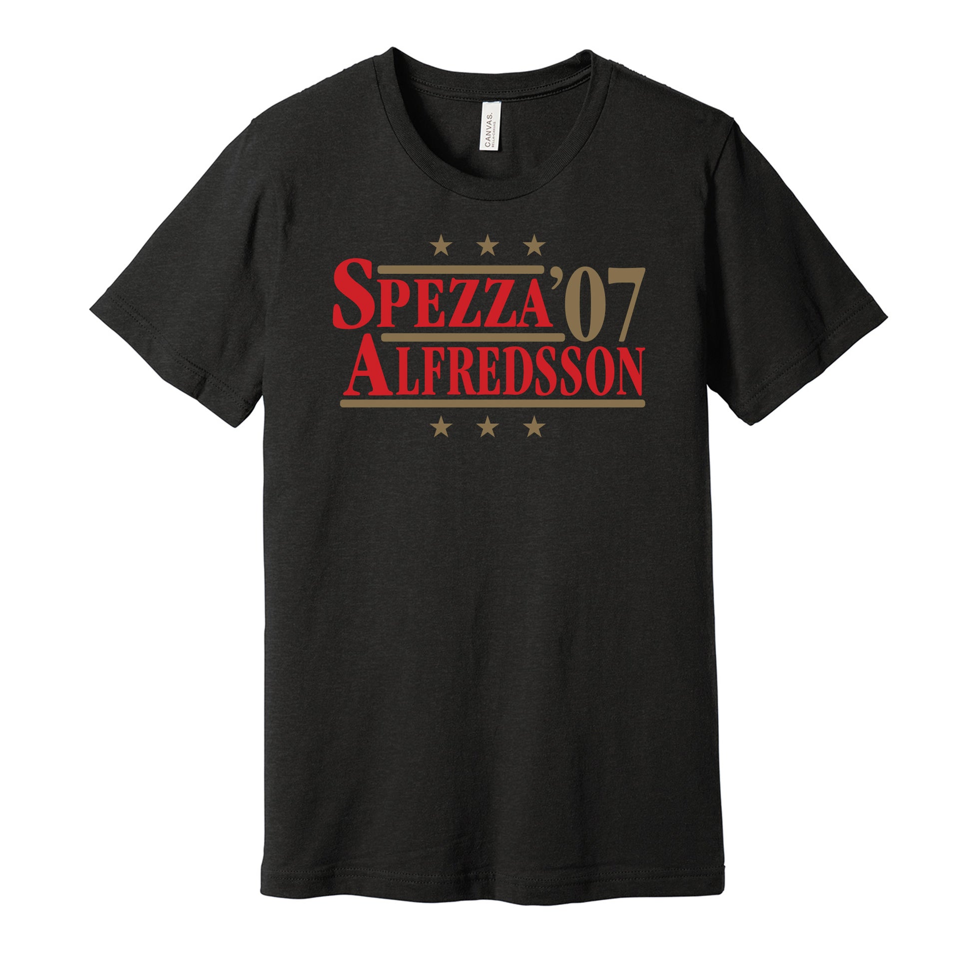 Ottawa Senators retro political campaign parody black t-shirt featuring Jason Spezza and Daniel Alfredsson '07, designed in a vintage election style by Hyper Than Hype Shirts.