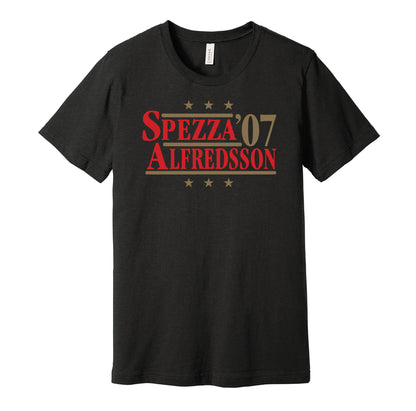 Ottawa Senators retro political campaign parody black t-shirt featuring Jason Spezza and Daniel Alfredsson '07, designed in a vintage election style by Hyper Than Hype Shirts.