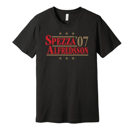 Ottawa Senators retro political campaign parody black t-shirt featuring Jason Spezza and Daniel Alfredsson '07, designed in a vintage election style by Hyper Than Hype Shirts.