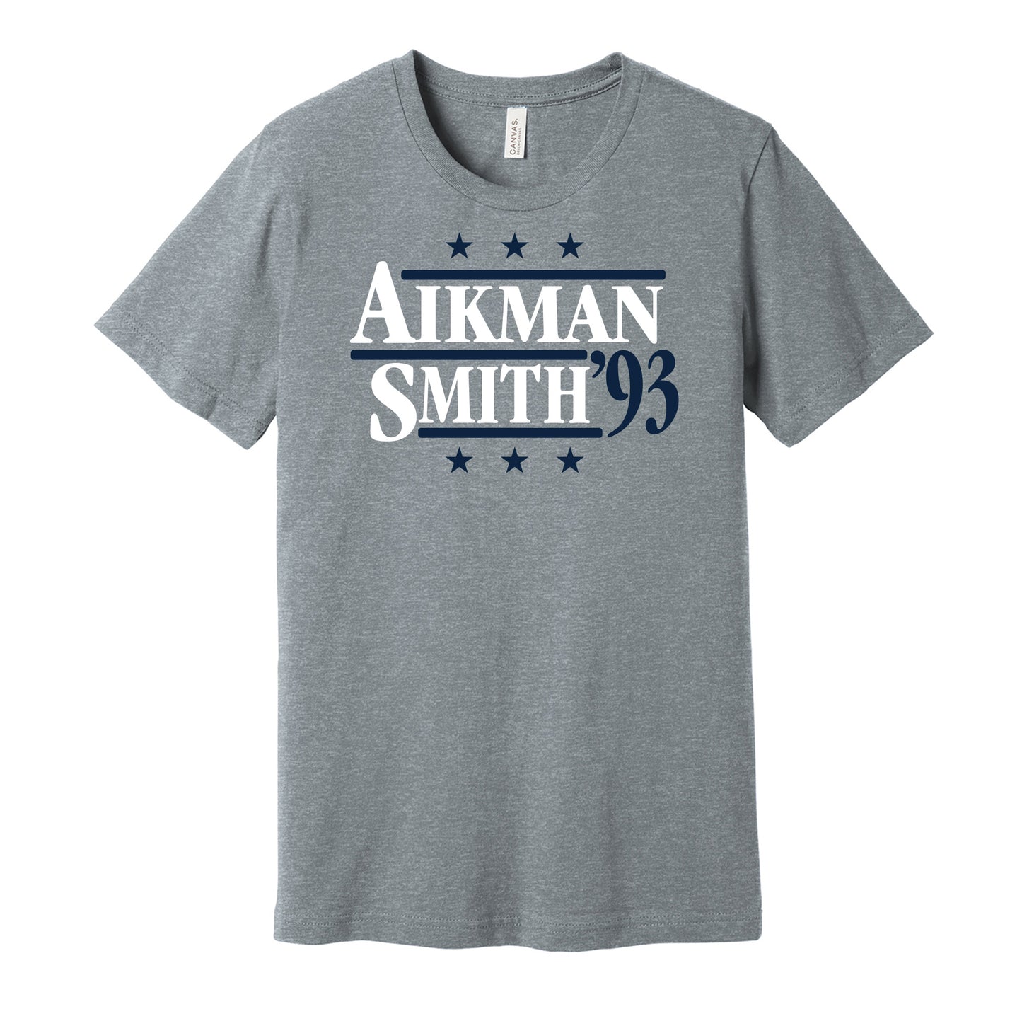 Dallas Cowboys retro political campaign parody grey t-shirt featuring Troy Aikman and Emmitt Smith '93, designed in a vintage election style by Hyper Than Hype Shirts.