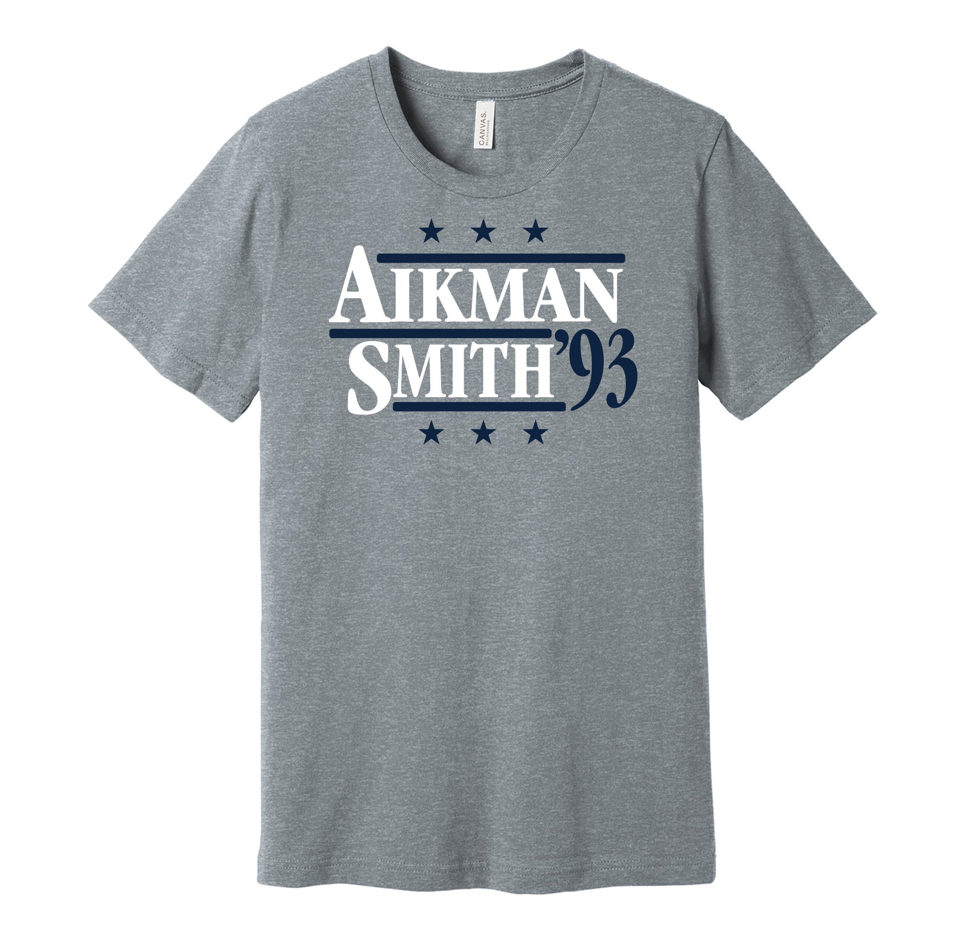 Dallas Cowboys retro political campaign parody grey t-shirt featuring Troy Aikman and Emmitt Smith '93, designed in a vintage election style by Hyper Than Hype Shirts.