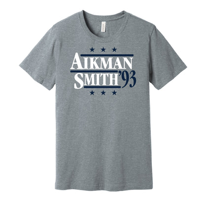 Dallas Cowboys retro political campaign parody grey t-shirt featuring Troy Aikman and Emmitt Smith '93, designed in a vintage election style by Hyper Than Hype Shirts.