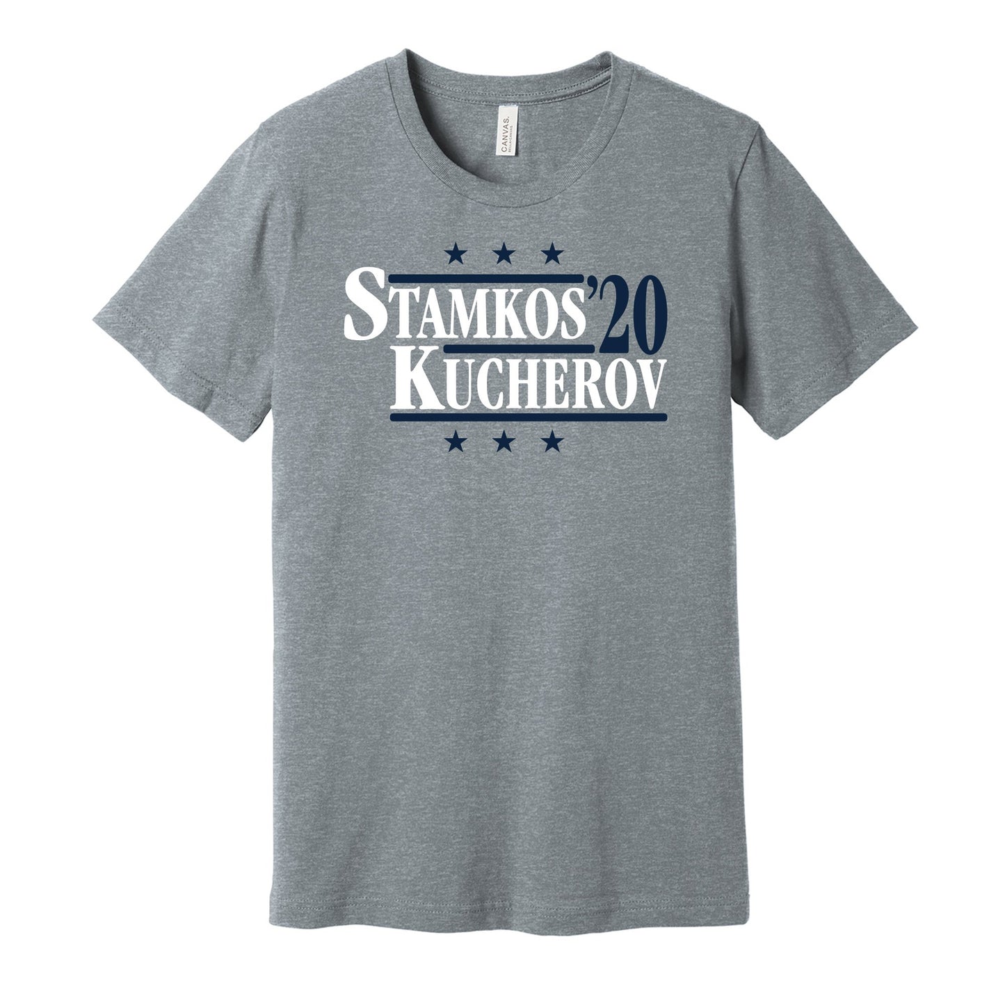 Tampa Bay Lightning retro political campaign grey t-shirt featuring Steven Stamkos and Nikita Kucherov '20, designed in a vintage election style by Hyper Than Hype Shirts.