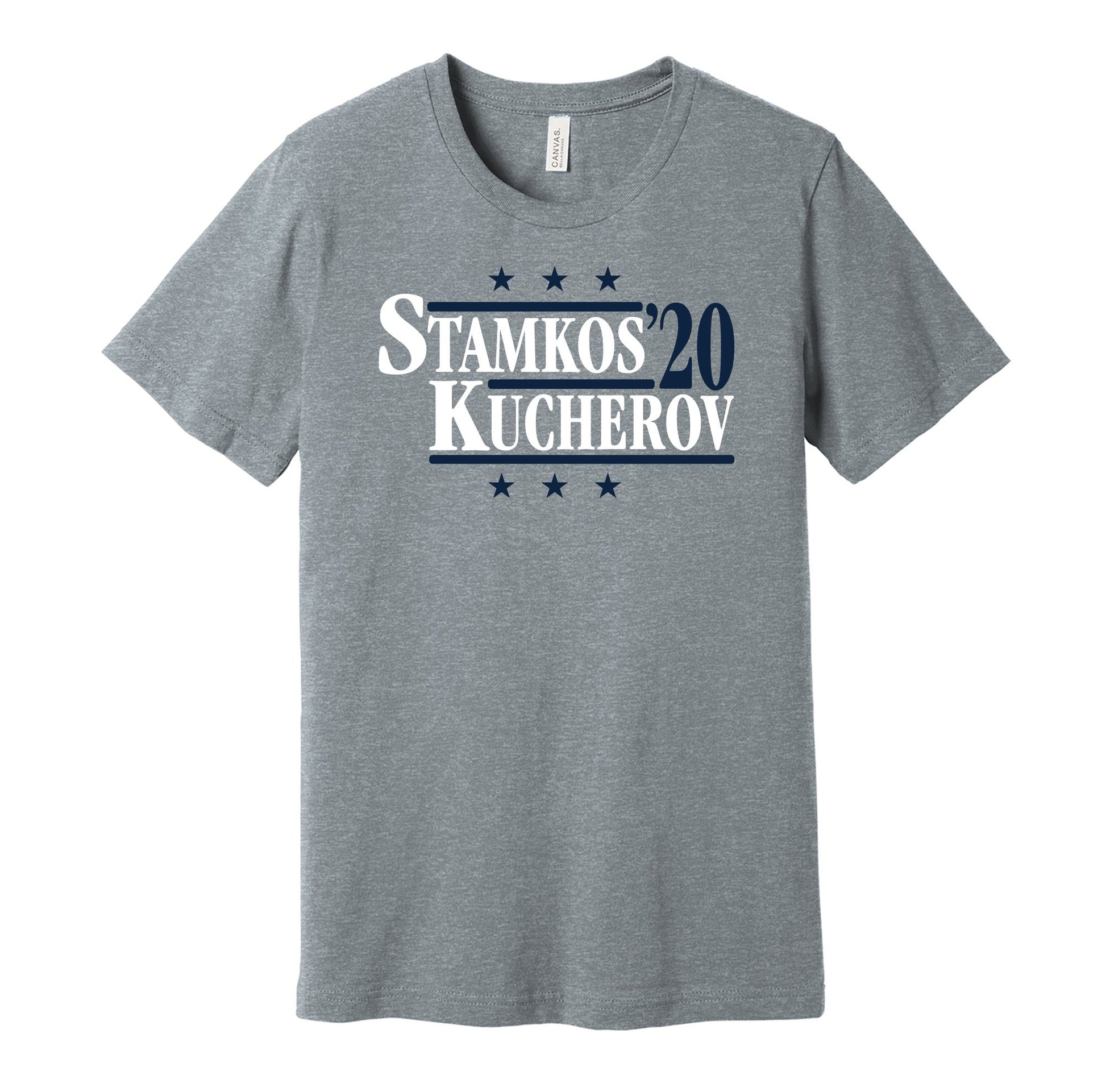 Tampa Bay Lightning retro political campaign grey t-shirt featuring Steven Stamkos and Nikita Kucherov '20, designed in a vintage election style by Hyper Than Hype Shirts.