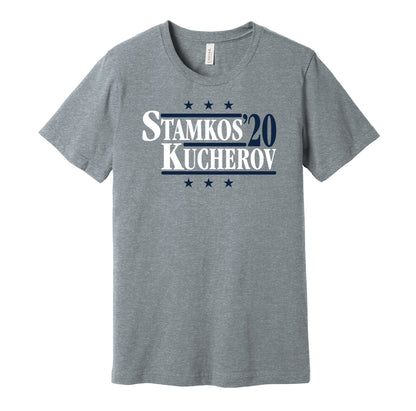 Tampa Bay Lightning retro political campaign grey t-shirt featuring Steven Stamkos and Nikita Kucherov '20, designed in a vintage election style by Hyper Than Hype Shirts.