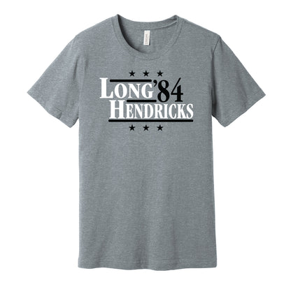 Las Vegas Raiders retro political campaign parody grey t-shirt featuring Howie Long and Ted Hendricks '84, designed in a vintage election style by Hyper Than Hype Shirts.