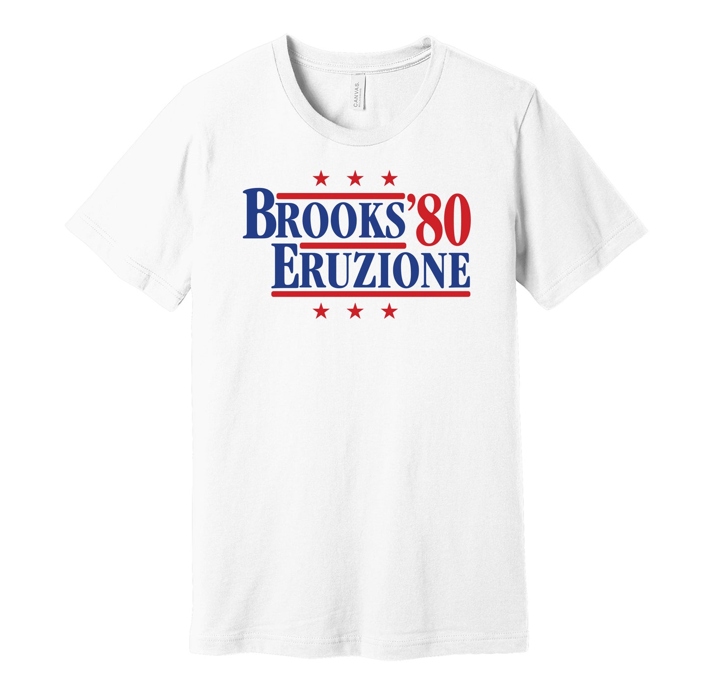 Team USA retro political campaign parody white t-shirt featuring Herb Brooks and Mike Eruzione '80, designed in a vintage election style by Hyper Than Hype Shirts.