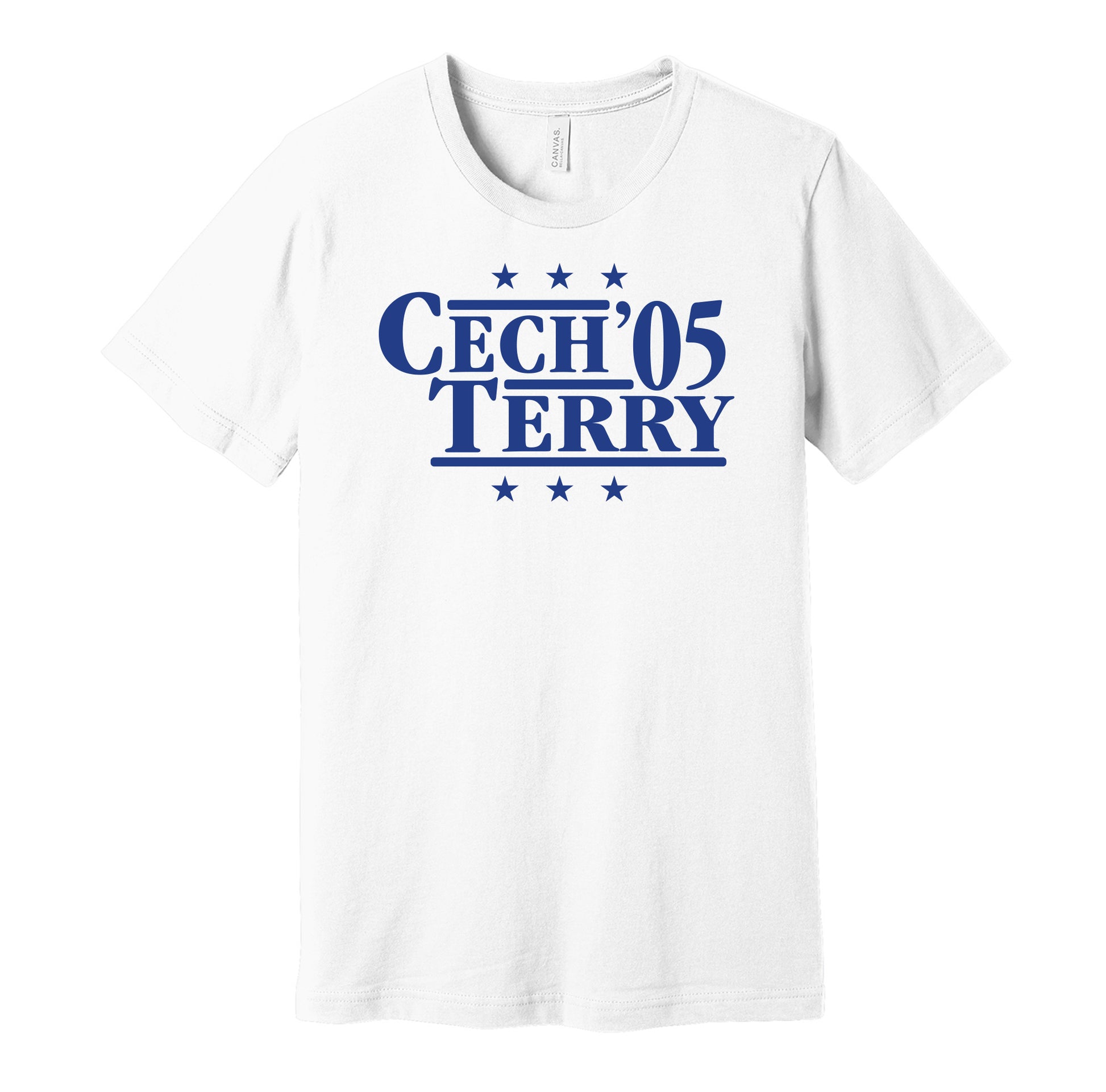 Chelsea retro political campaign parody white t-shirt featuring Petr Cech and John Terry '05, designed in a vintage election style by Hyper Than Hype Shirts.
