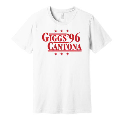 Manchester United retro political campaign parody white t-shirt featuring Ryan Giggs and Eric Cantona '96, designed in a vintage election style by Hyper Than Hype Shirts.