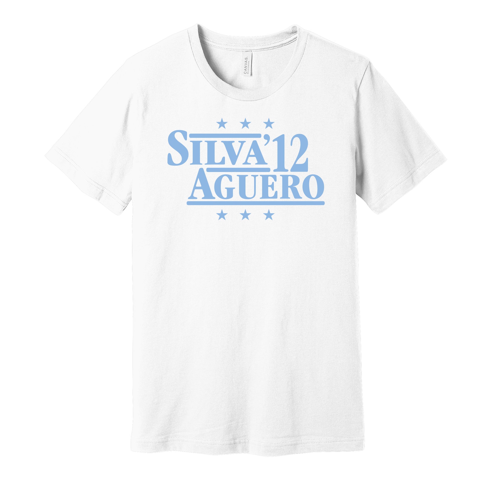 Manchester City retro political campaign parody white t-shirt featuring David Silva and Sergio Aguero '12, designed in a vintage election style by Hyper Than Hype Shirts.