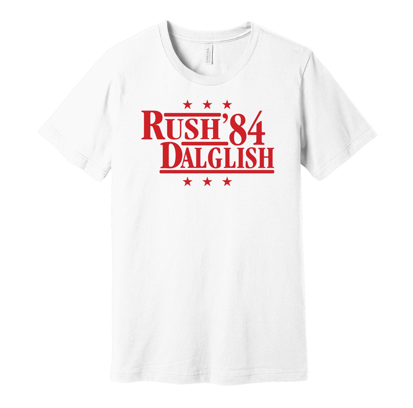 Liverpool retro political campaign parody white t-shirt featuring Ian Rush and Kenny Dalglish '84, designed in a vintage election style by Hyper Than Hype Shirts.