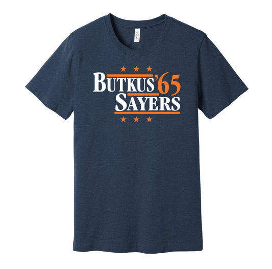 Chicago Bears retro political campaign parody navy t-shirt featuring Gale Sayers and Dick Butkus '65, designed in a vintage election style by Hyper Than Hype Shirts.