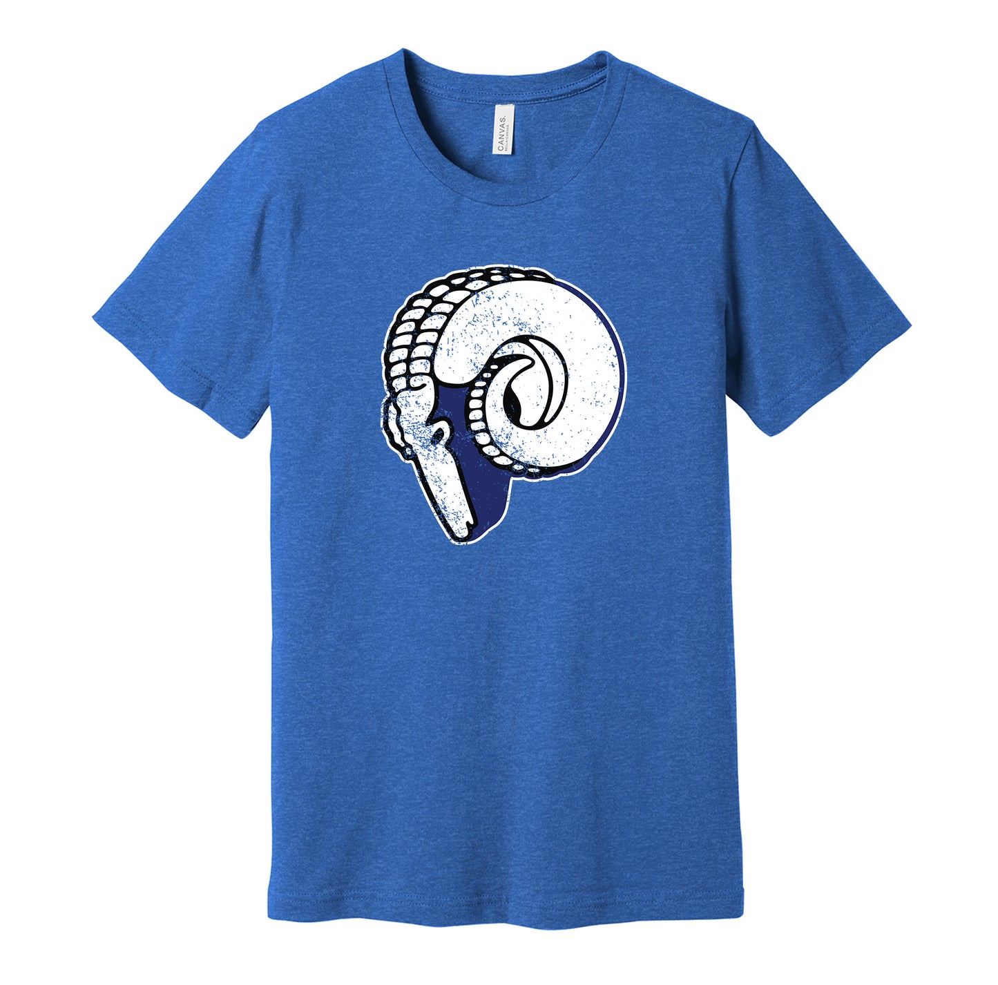 Cleveland Rams vintage distressed logo blue t-shirt featuring the classic 1940s NFL football team logo in a retro worn style by Hyper Than Hype Shirts.
