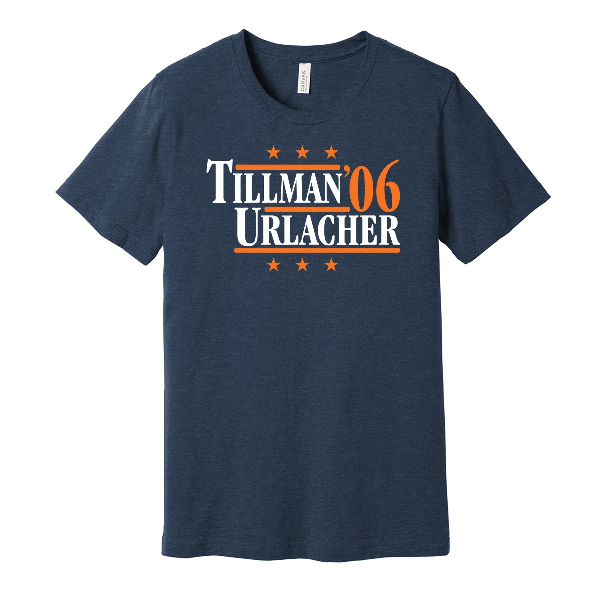 Chicago Bears retro political campaign parody navy t-shirt featuring Brian Urlacher and Charles Tillman '06, designed in a vintage election style by Hyper Than Hype Shirts.