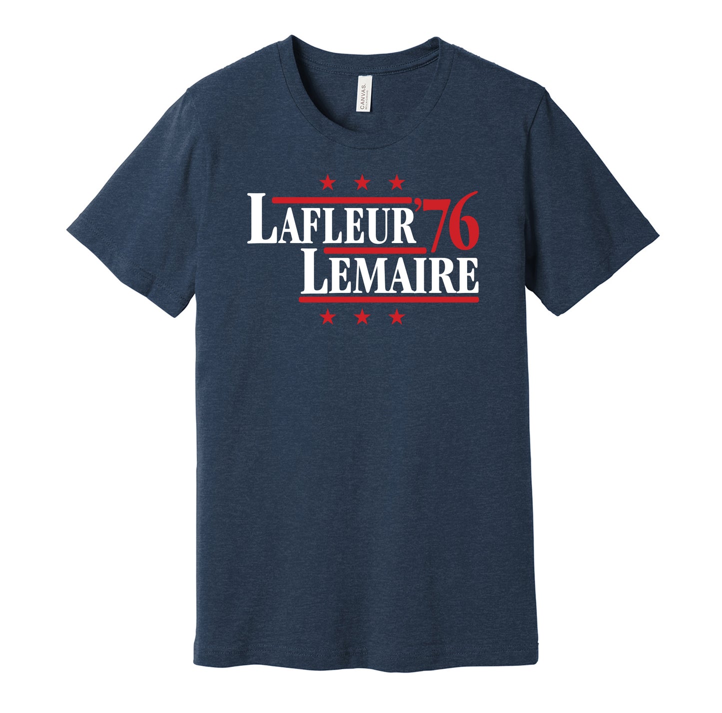 Montreal Canadiens retro political campaign parody navy t-shirt featuring Guy Lafleur and Jacques Lemaire '76, designed in a vintage election style by Hyper Than Hype Shirts.