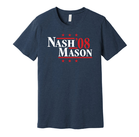 Columbus Blue Jackets retro political campaign parody blue t-shirt featuring Rick Nash and Steve Mason '08, designed in a vintage election style by Hyper Than Hype Shirts.