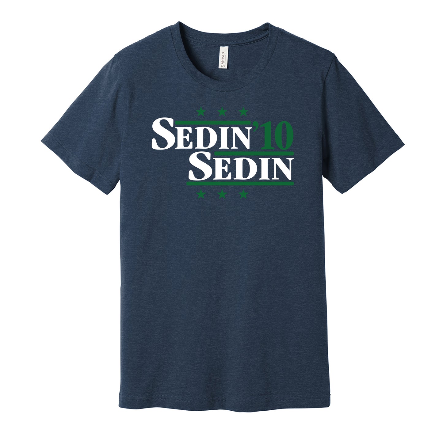 Vancouver Canucks retro political campaign parody blue t-shirt featuring Henrik Sedin and Daniel Sedin '10, designed in a vintage election style by Hyper Than Hype Shirts.