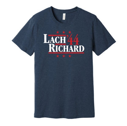 Montreal Canadiens retro political campaign parody navy t-shirt featuring Elmer Lach and Maurice Richard '44, designed in a vintage election style by Hyper Than Hype Shirts.