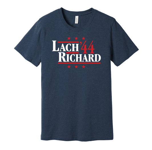 Montreal Canadiens retro political campaign parody navy t-shirt featuring Elmer Lach and Maurice Richard '44, designed in a vintage election style by Hyper Than Hype Shirts.