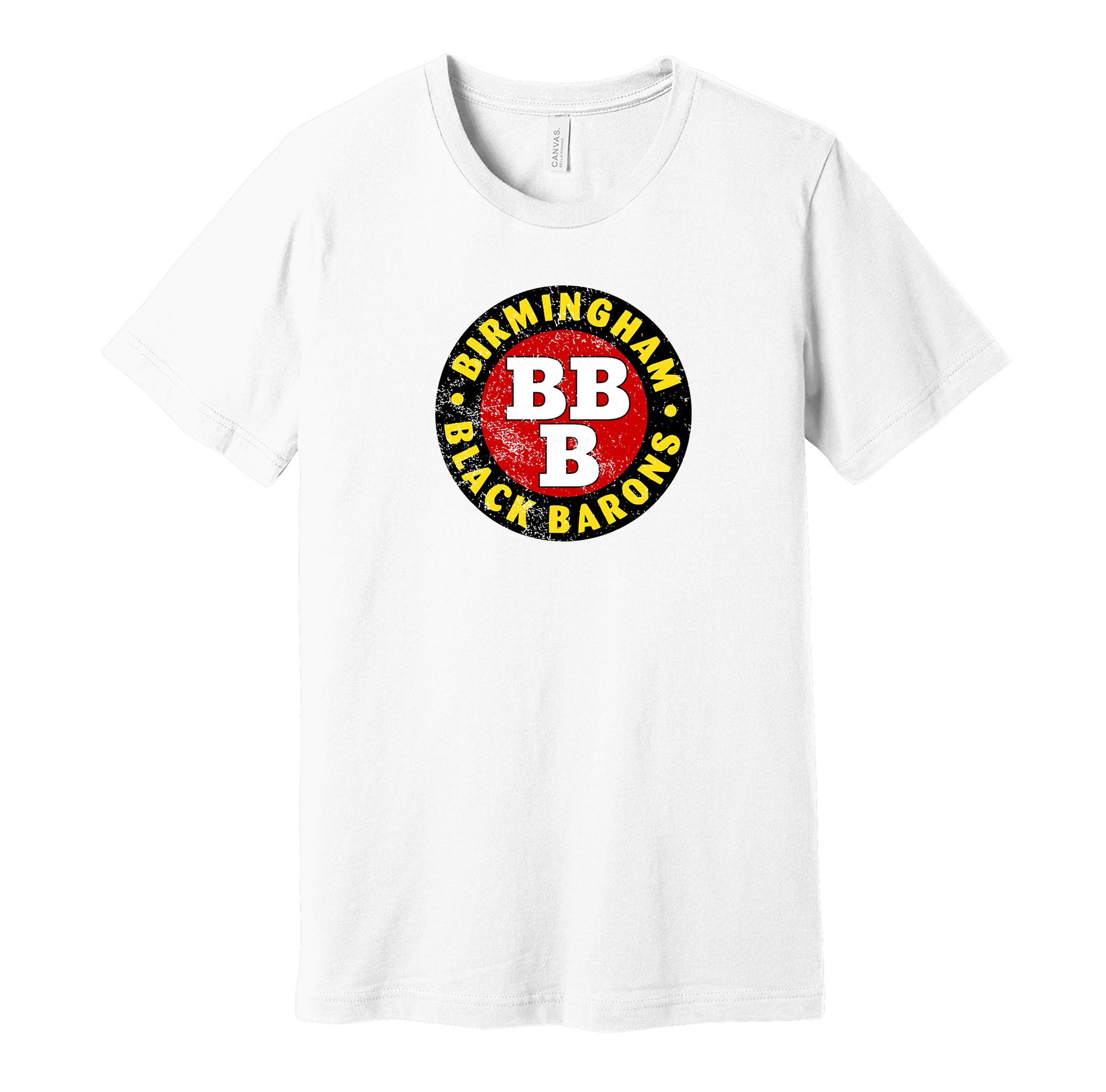 Birmingham Black Barons vintage distressed logo white t-shirt featuring the classic Negro League baseball team logo in a retro worn style by Hyper Than Hype Shirts.