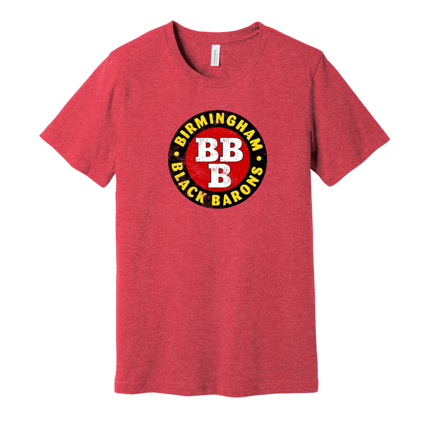 Birmingham Black Barons vintage distressed logo red t-shirt featuring the classic Negro League baseball team logo in a retro worn style by Hyper Than Hype Shirts.