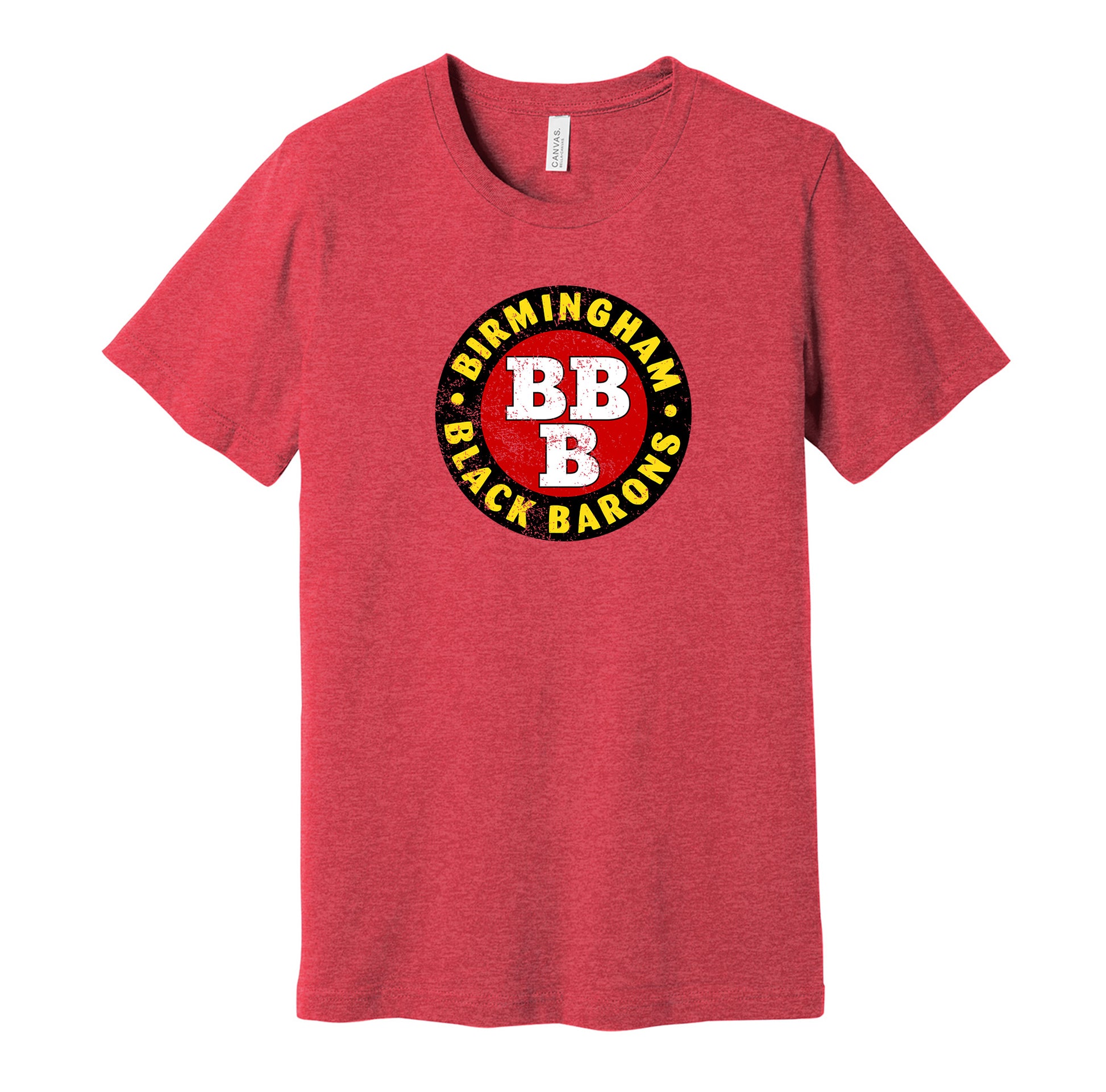 Birmingham Black Barons vintage distressed logo red t-shirt featuring the classic Negro League baseball team logo in a retro worn style by Hyper Than Hype Shirts.
