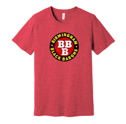 Birmingham Black Barons vintage distressed logo red t-shirt featuring the classic Negro League baseball team logo in a retro worn style by Hyper Than Hype Shirts.