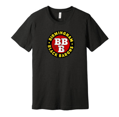 Birmingham Black Barons vintage distressed logo black t-shirt featuring the classic Negro League baseball team logo in a retro worn style by Hyper Than Hype Shirts.