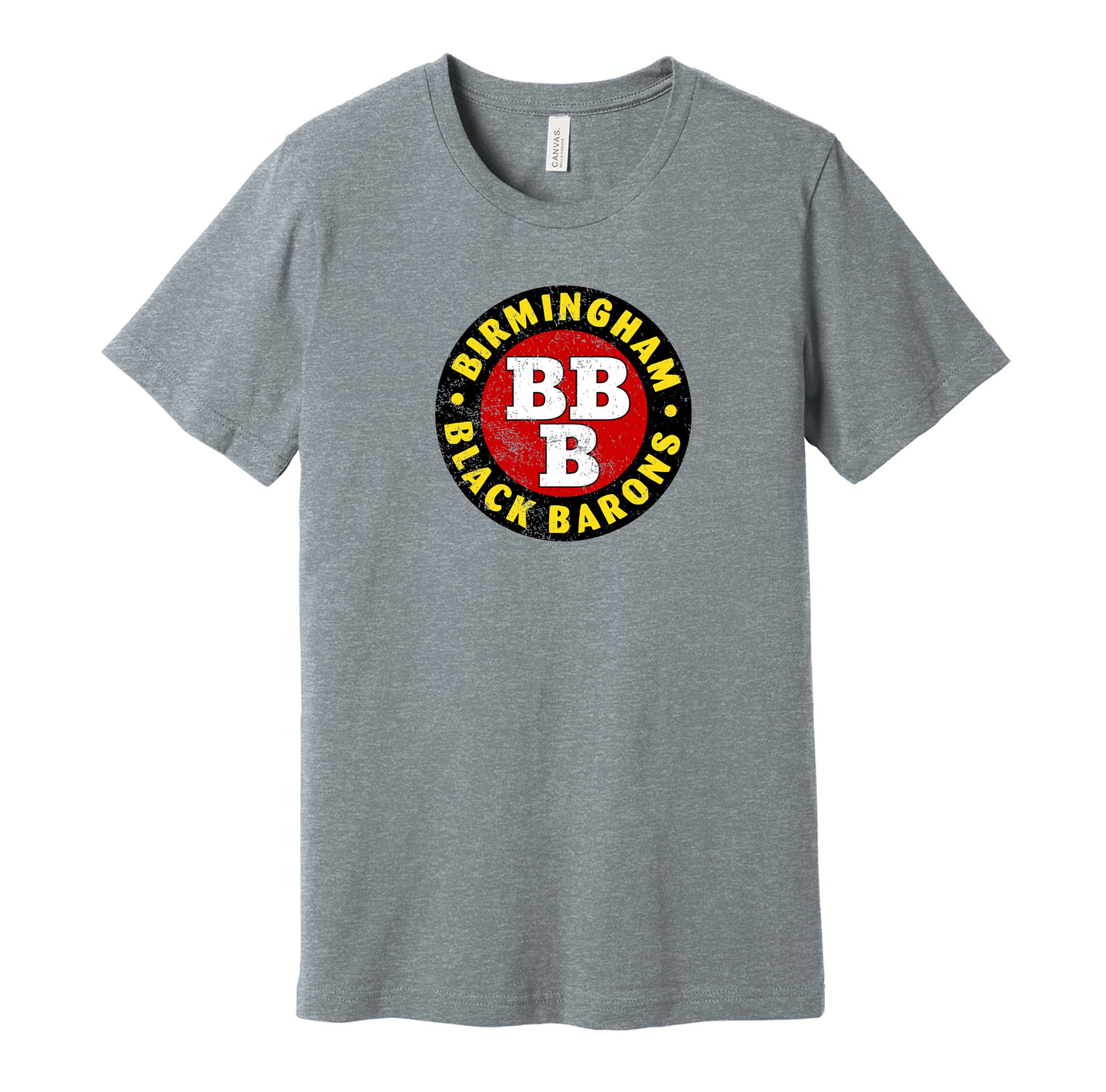 Birmingham Black Barons vintage distressed logo grey t-shirt featuring the classic Negro League baseball team logo in a retro worn style by Hyper Than Hype Shirts.