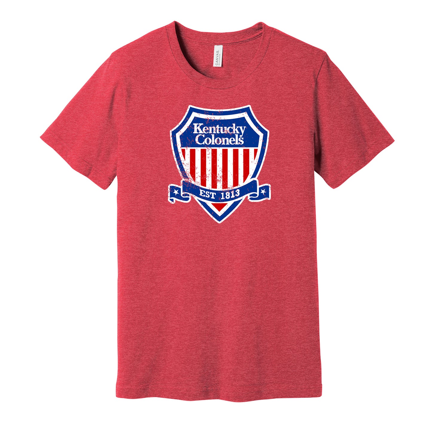 Kentucky Colonels shield vintage distressed logo red t-shirt featuring the classic ABA basketball team emblem in a retro worn style by Hyper Than Hype Shirts.