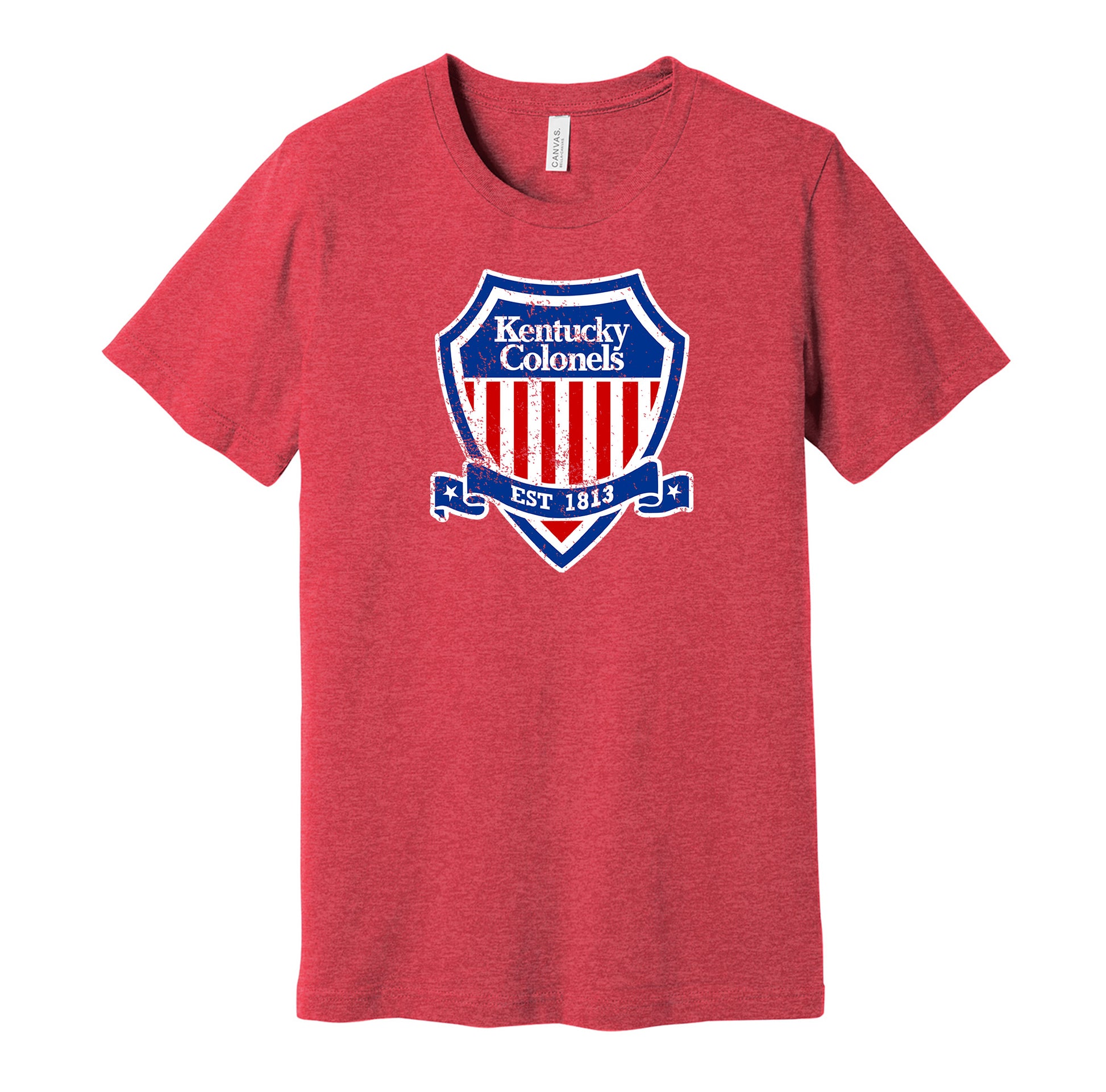 Kentucky Colonels shield vintage distressed logo red t-shirt featuring the classic ABA basketball team emblem in a retro worn style by Hyper Than Hype Shirts.
