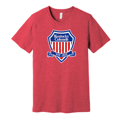 Kentucky Colonels shield vintage distressed logo red t-shirt featuring the classic ABA basketball team emblem in a retro worn style by Hyper Than Hype Shirts.