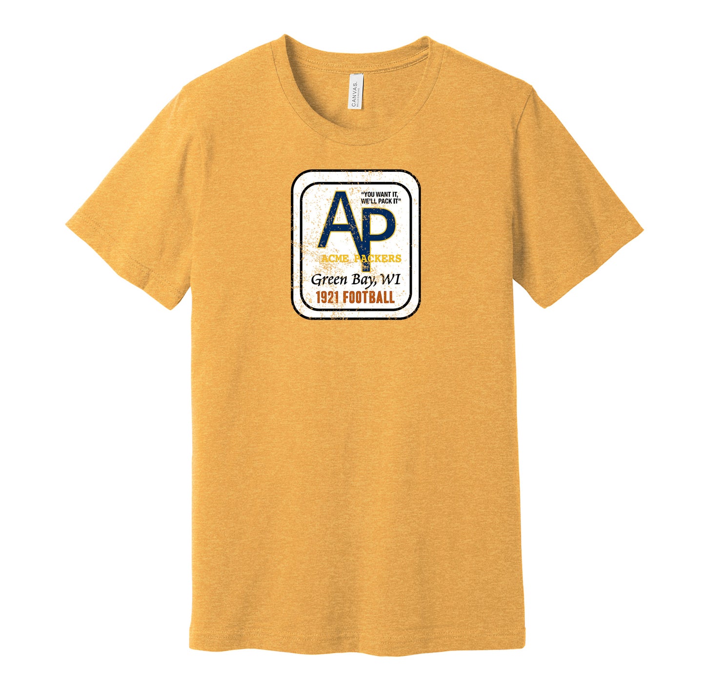 Acme Packers vintage distressed logo gold t-shirt featuring the classic early Green Bay Packers football team logo in a retro worn style by Hyper Than Hype Shirts.
