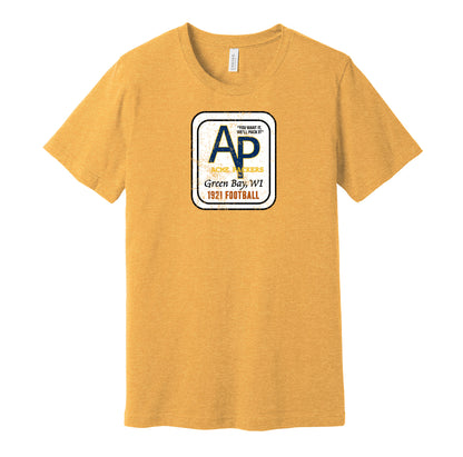 Acme Packers vintage distressed logo gold t-shirt featuring the classic early Green Bay Packers football team logo in a retro worn style by Hyper Than Hype Shirts.