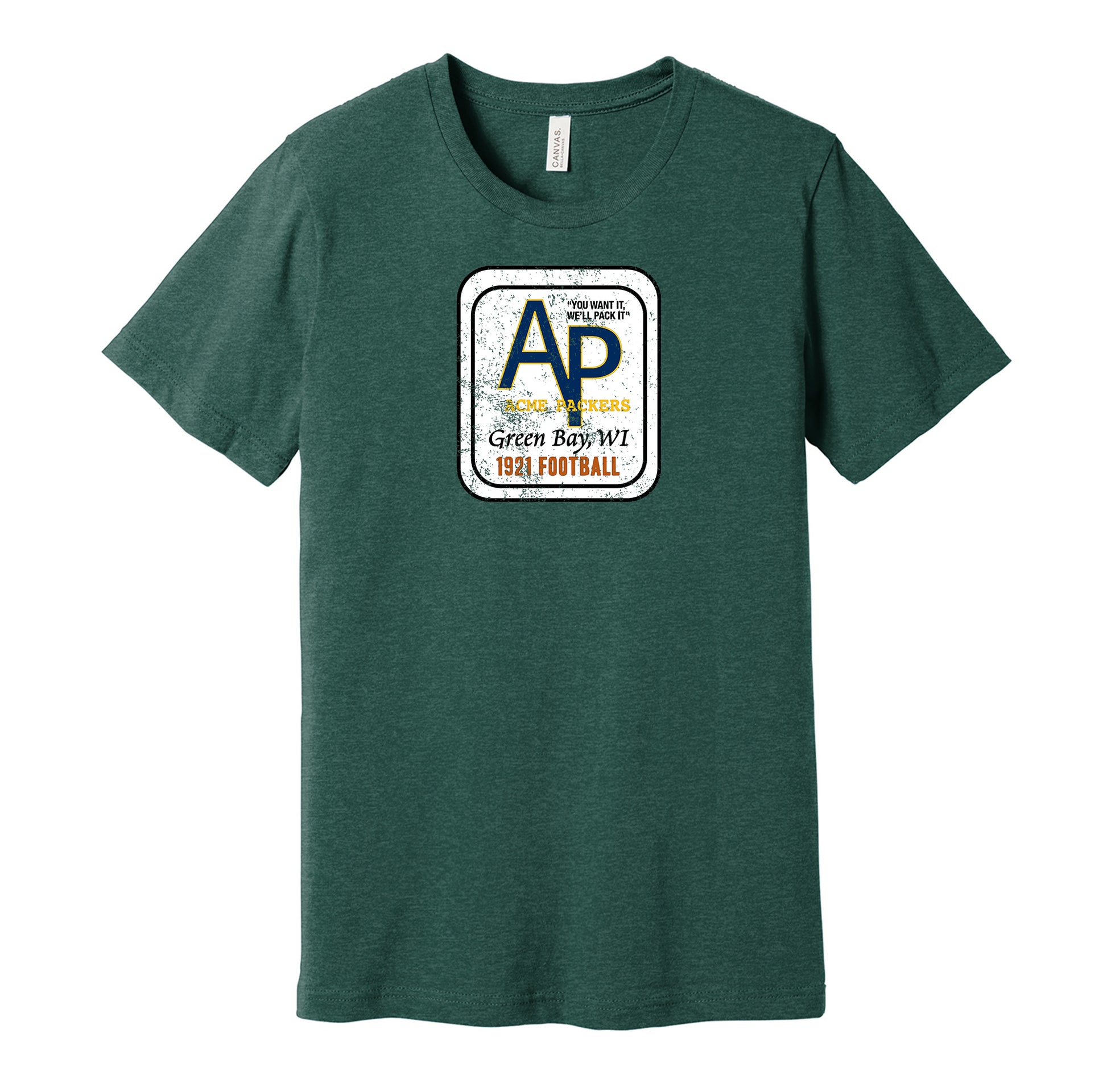 Acme Packers vintage distressed logo green t-shirt featuring the classic early Green Bay Packers football team logo in a retro worn style by Hyper Than Hype Shirts.