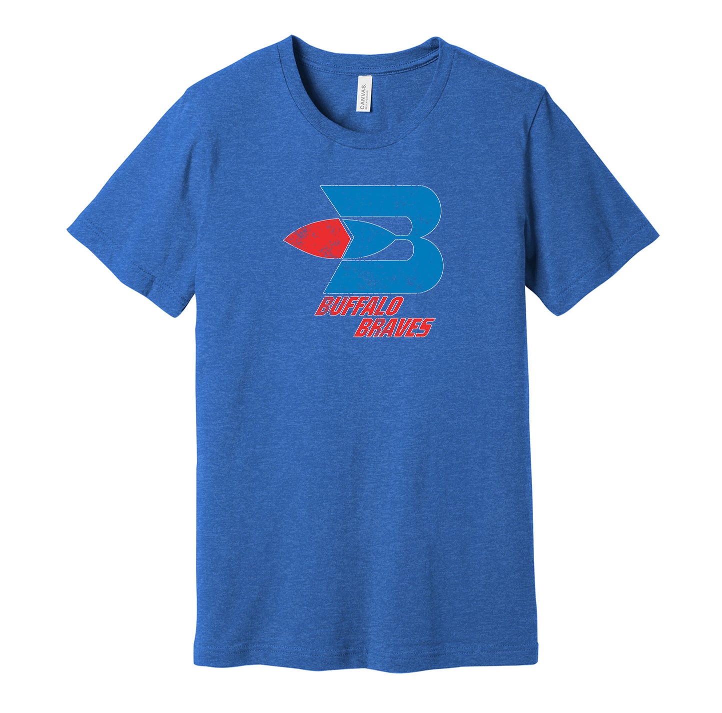 Buffalo Braves vintage distressed logo blue t-shirt featuring the classic 1970s NBA basketball team logo in a retro worn style by Hyper Than Hype Shirts.