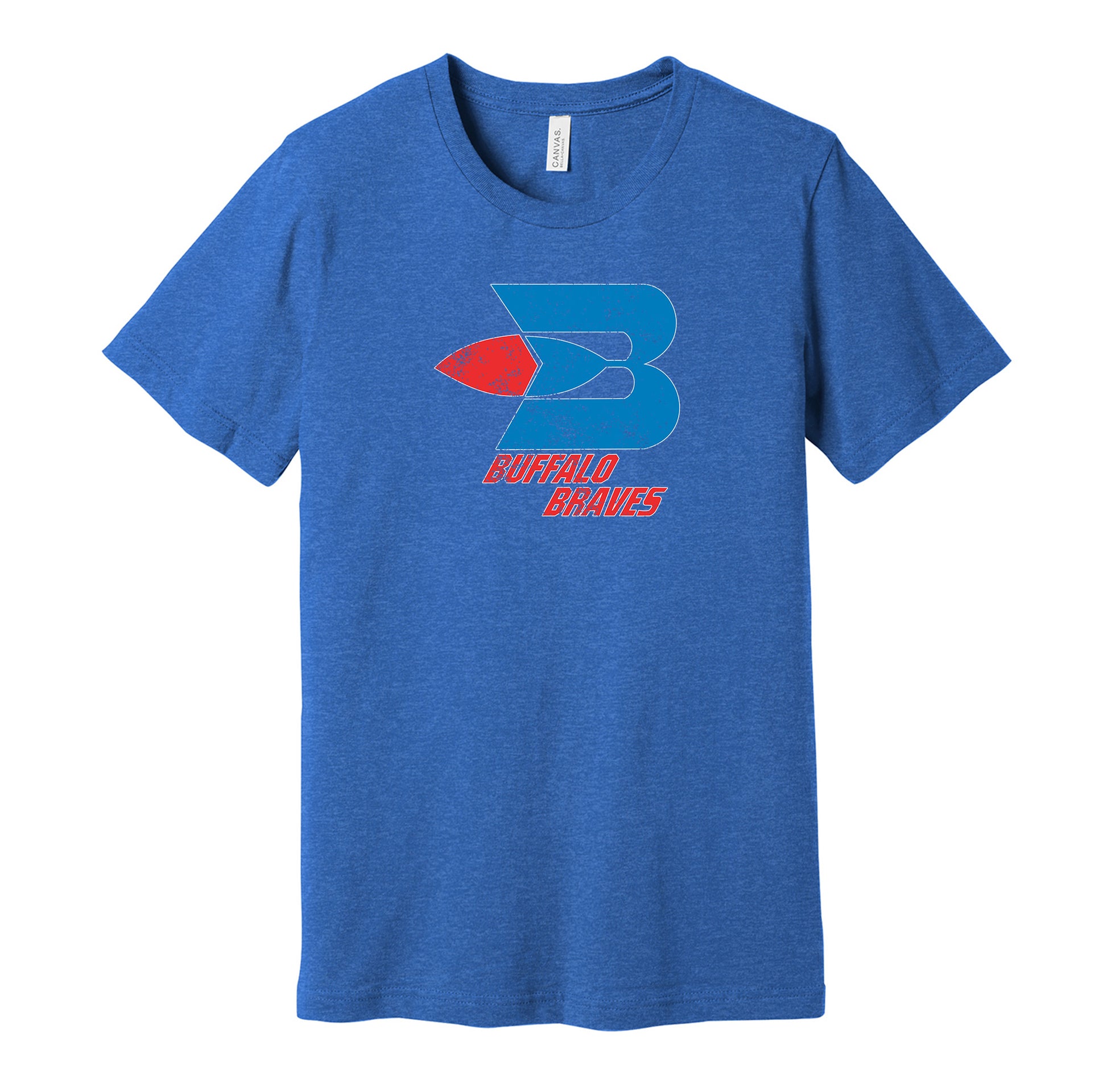 Buffalo Braves vintage distressed logo blue t-shirt featuring the classic 1970s NBA basketball team logo in a retro worn style by Hyper Than Hype Shirts.