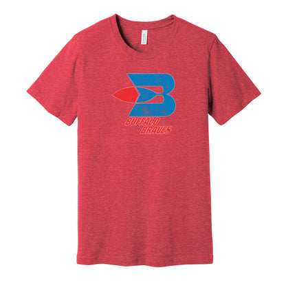 Buffalo Braves vintage distressed logo red t-shirt featuring the classic 1970s NBA basketball team logo in a retro worn style by Hyper Than Hype Shirts.