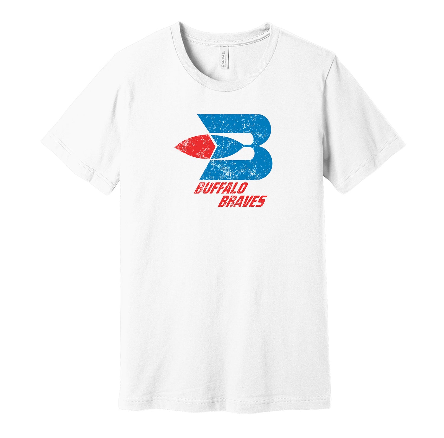 Buffalo Braves vintage distressed logo white t-shirt featuring the classic 1970s NBA basketball team logo in a retro worn style by Hyper Than Hype Shirts.