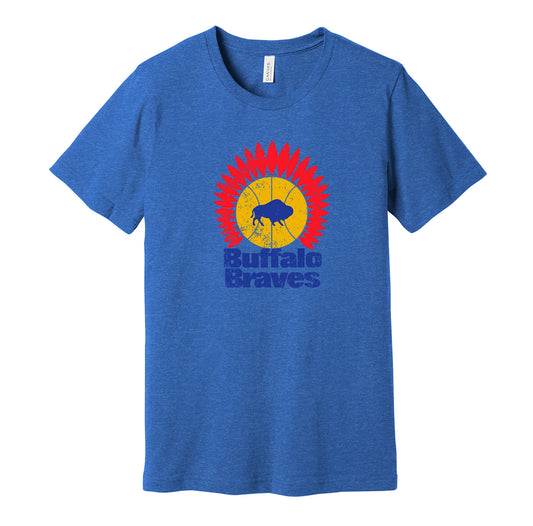 Buffalo Braves headdress vintage distressed logo blue t-shirt featuring the classic 1970s NBA basketball team emblem in a retro worn style by Hyper Than Hype Shirts.