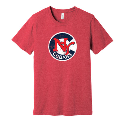 New York Cubans circle vintage distressed logo red t-shirt featuring the classic Negro League baseball team emblem in a retro worn style by Hyper Than Hype Shirts.