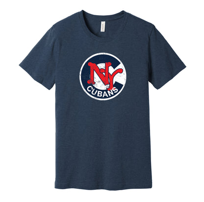 New York Cubans circle vintage distressed logo navy t-shirt featuring the classic Negro League baseball team emblem in a retro worn style by Hyper Than Hype Shirts.