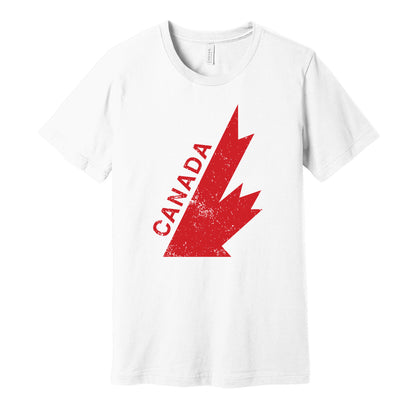 Team Canada cup vintage distressed logo white t-shirt featuring the classic 1970s-1980s hockey team emblem in a retro worn style by Hyper Than Hype Shirts.