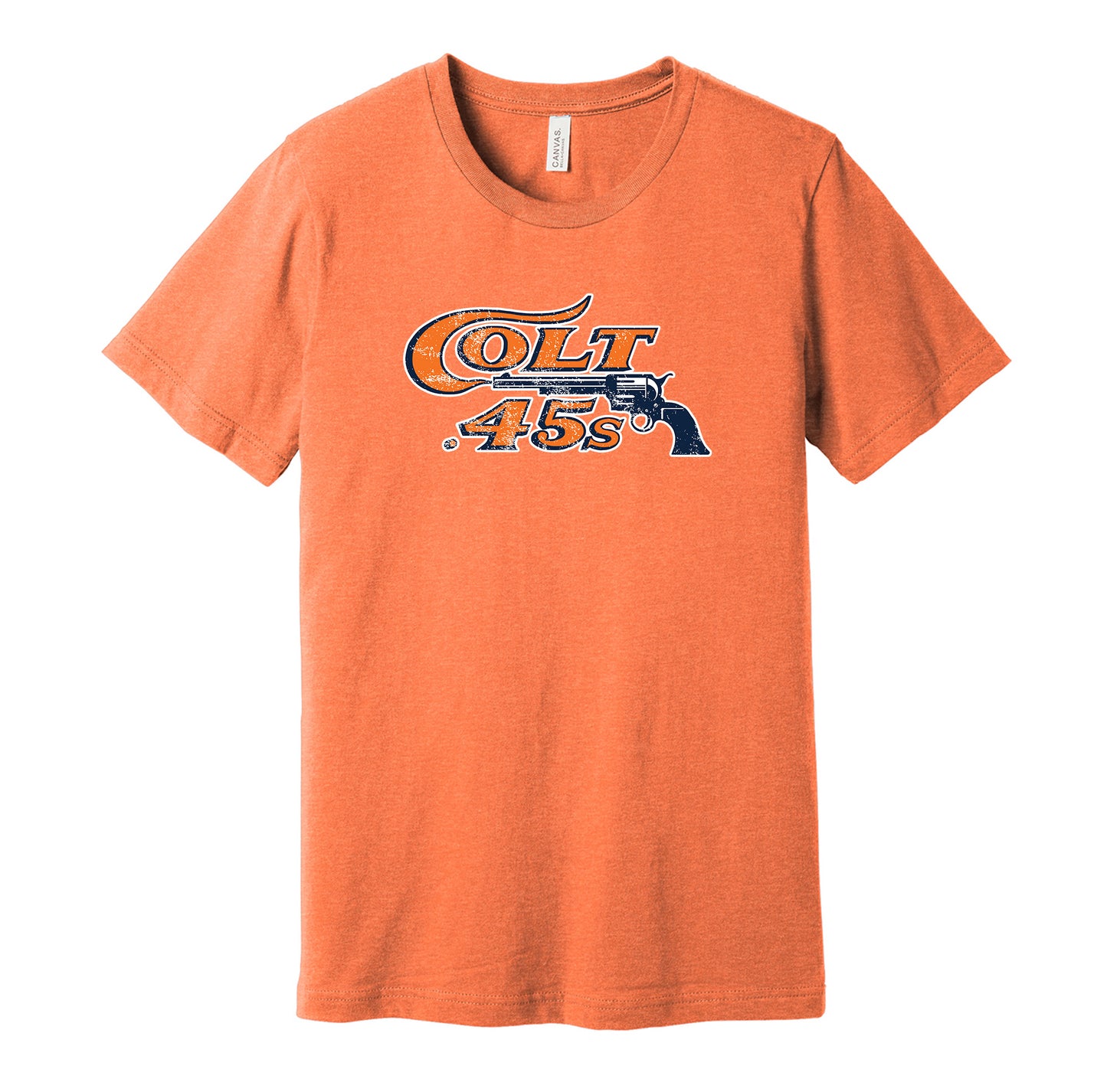 Houston Colt .45s vintage distressed logo orange t-shirt featuring the classic 1960s baseball team logo in a retro worn style by Hyper Than Hype Shirts.