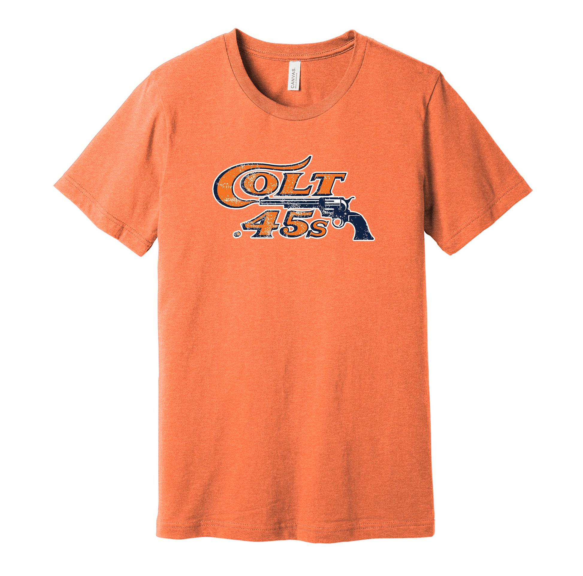 Houston Colt .45s vintage distressed logo orange t-shirt featuring the classic 1960s baseball team logo in a retro worn style by Hyper Than Hype Shirts.