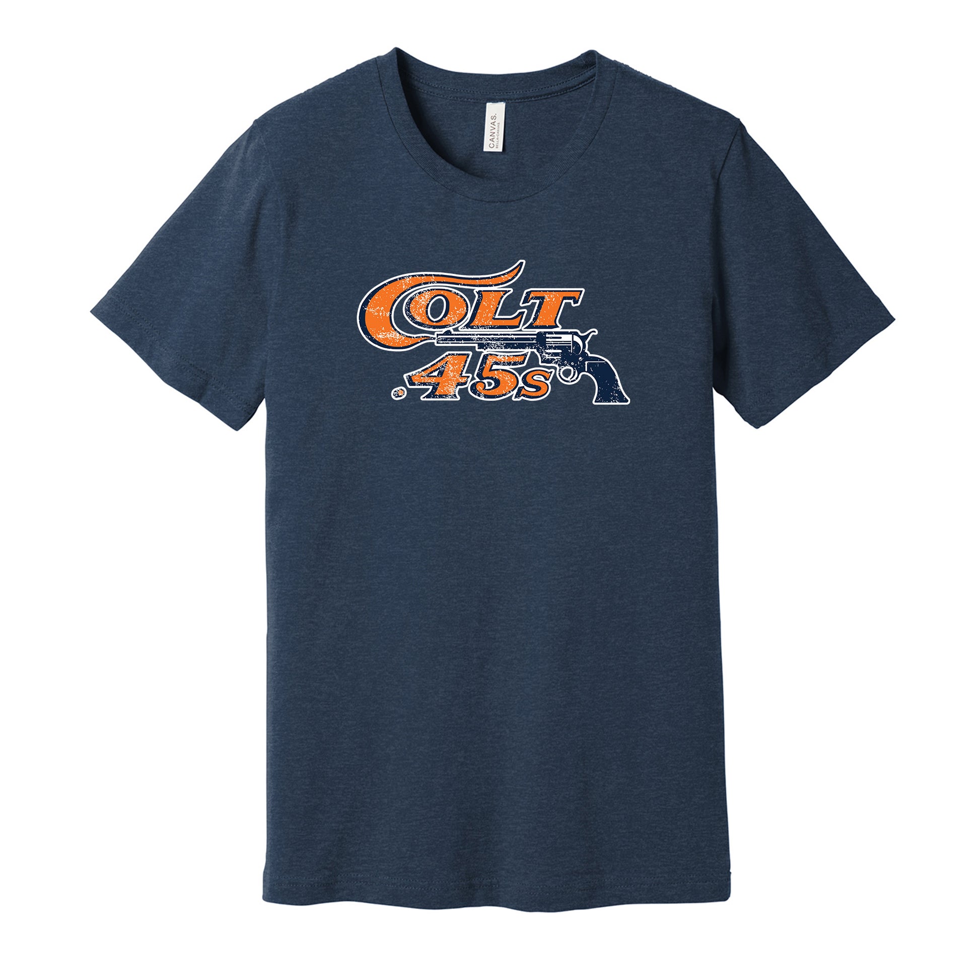 Houston Colt .45s vintage distressed logo navy t-shirt featuring the classic 1960s baseball team logo in a retro worn style by Hyper Than Hype Shirts.