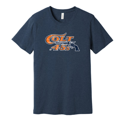 Houston Colt .45s vintage distressed logo navy t-shirt featuring the classic 1960s baseball team logo in a retro worn style by Hyper Than Hype Shirts.