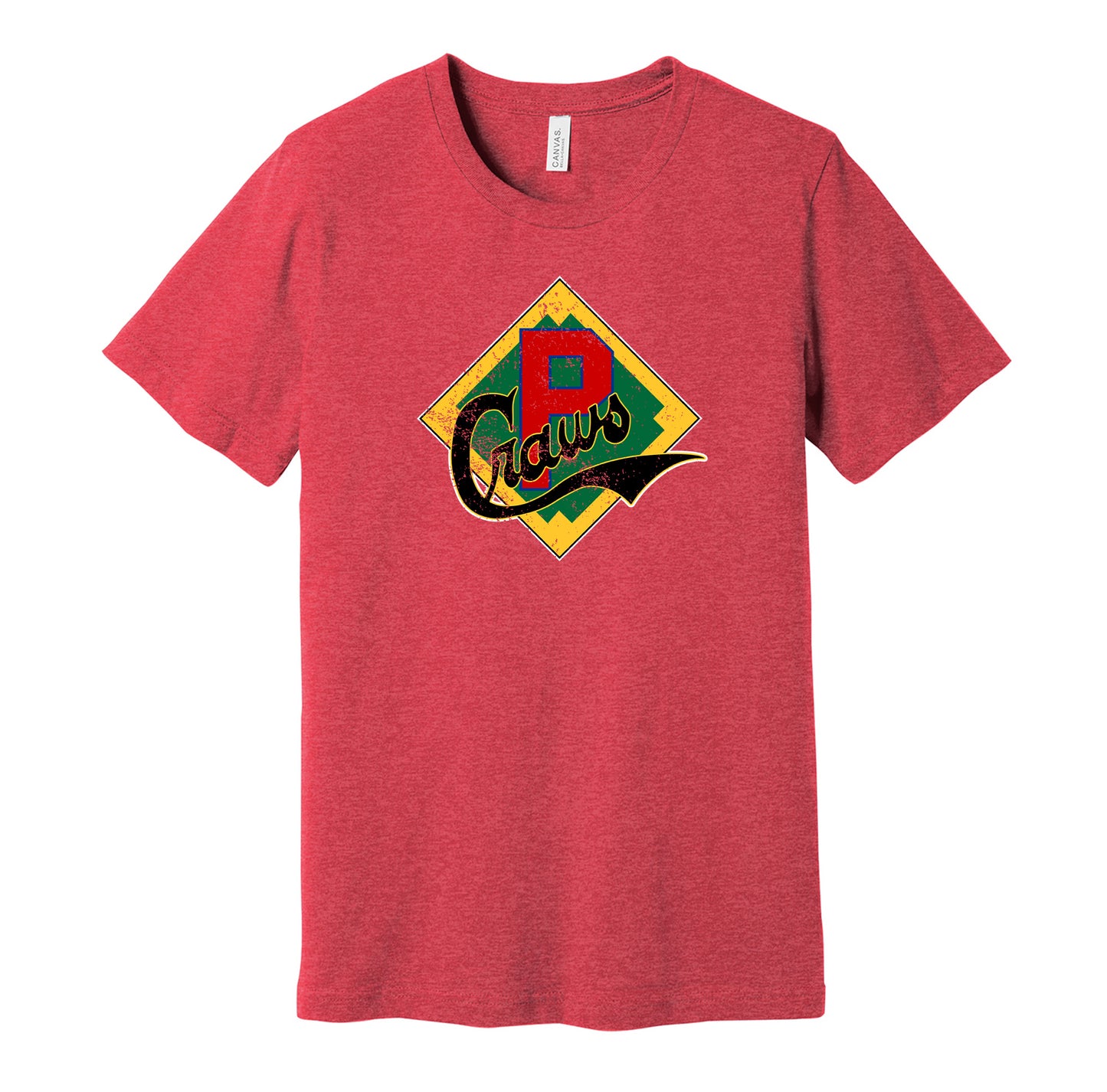 Pittsburgh Crawfords vintage distressed badge logo red t-shirt featuring the classic Negro League baseball team logo in a retro worn style by Hyper Than Hype Shirts.